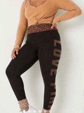 PINK Victoria's Secret Black Leggings with Leopard Waistband
